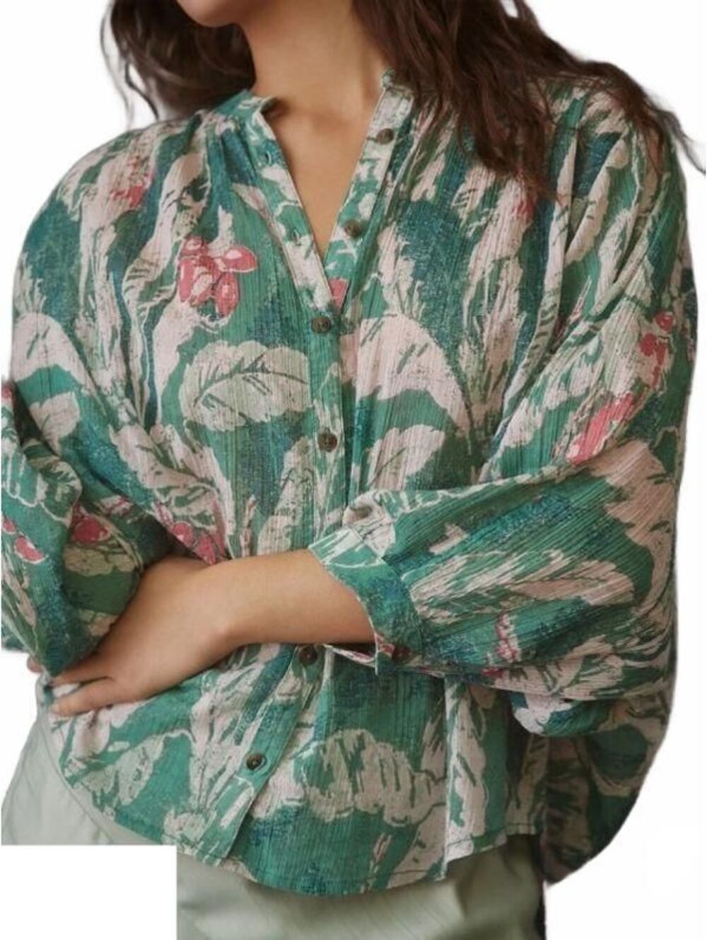 Pilcro Sidney Green Tropical Batwing Blouse S Cotton Button Front Oversized
